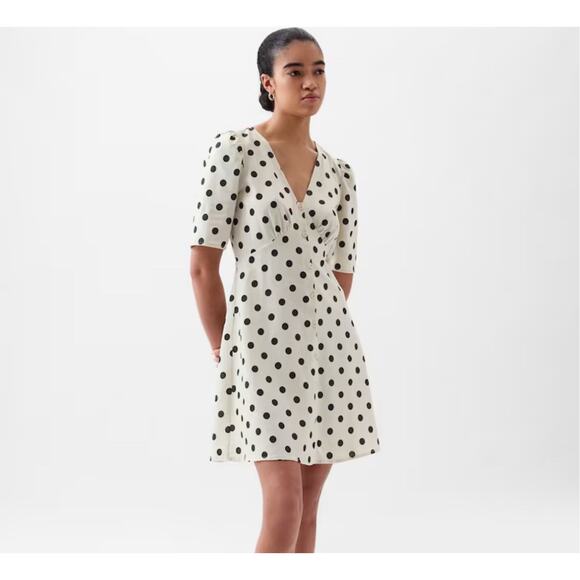 GAP Dress Size L Tall Black Cream Polka Dot Linen Blend V-Neck Mini Puff Sleeves - Picture 1 of 14